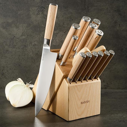 Babish High-Carbon 1.4116 German Steel 15 Piece Full Tang Forged Cutlery Kitchen Knife Block Set - Light Pakka Wood Handle
