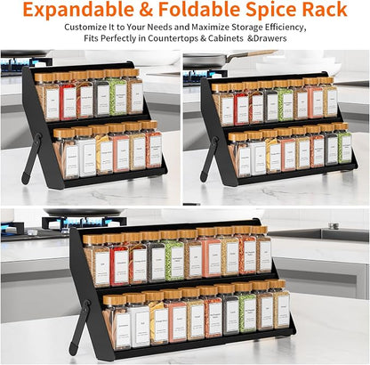 Spice Rack Organizer for Cabinet, 12.8 to 21.8in Expandable Spice Rack, Metal 2 in 1 Spice Drawer Organizer Spice Shelf for Kitchen Countertop Cabinet Drawer, Fits Jars ≤2.1in(Jars Not Included)