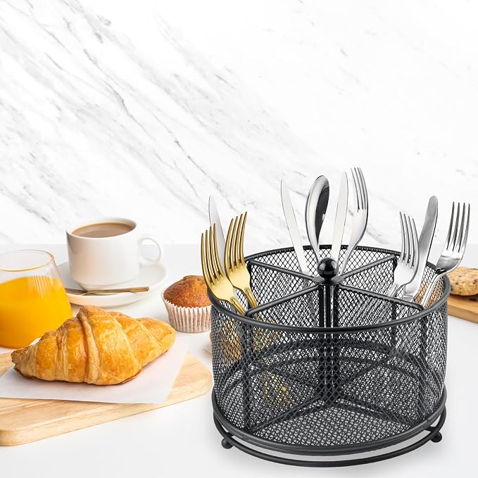 360° Rotating Metal Utensil Caddy - 4 Compartment Silverware Cutlery Holder Rotation Fork Spoon Napkin Organizer Flatware Storage Basket Party Countertop Buffet Picnic Camping Outdoor Black