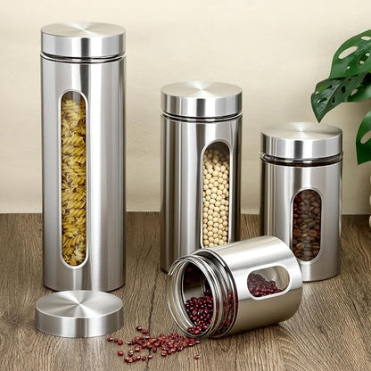 QWORK 4pc Stainless Steel Canister Set with Airtight Lids and Glass Window - Food Storage Containers for Kitchen Counter & Pantry Organization