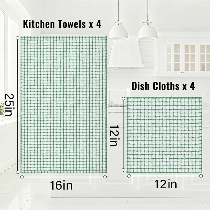 Homaxy Kitchen Towels and Dishcloths Set, 16 x 25 and 12 x 12 Inches, Set of 12 Cotton Terry Kitchen Dish Towels, Super Soft and Absorbent Dish Cloths, Green
