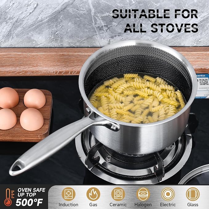 LOLYKITCH 2.5 QT Hybrid Tri-Ply Stainless Steel Non-Stick Saucepan with Lid,Induction Sauce Pot,Dishwasher and Oven Safe.