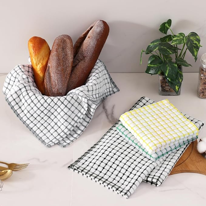 Homaxy Kitchen Towels and Dishcloths Set, 16 x 25 and 12 x 12 Inches, Set of 16 Cotton Terry Kitchen Dish Towels, Super Soft and Absorbent Dish Cloths, Black/Grey/Yellow/Green
