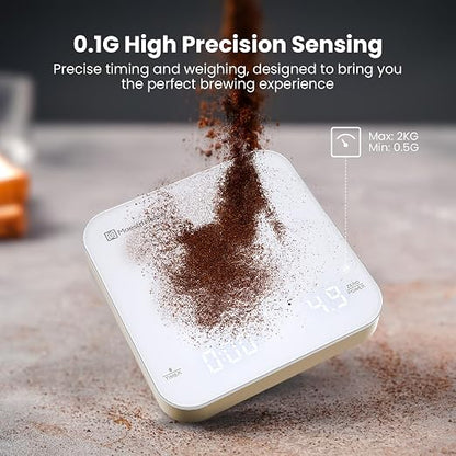 Maestri House S2 Espresso Coffee Scale with Timer, USB-C Rechargeable 2kg/0.1g Precision Shot Scale, Digital Scale for Espresso Brewing(White & Gold)