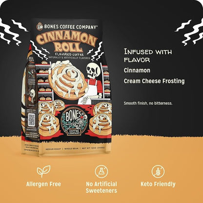 Bones Coffee Company Cinnamon Roll Flavored Coffee, Medium Roast Low Acid Arabica Beans Compatible with Auto drip and French Press Coffee Maker, 12 Oz Ground