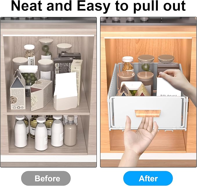 MEKOTRICIN Pull Out Cabinet Organizer, Slide Out Drawer Organizers Storage Fixed with Adhesive,Sliding Pantry Shelves with Handle for Kitchen Cupboard Bathroom Home, 11.8x6.7in, White