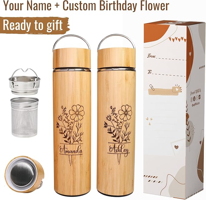 Personalized Gifts 15 oz Tea Tumbler Laser Engraving Bamboo Water Bottle Custom Name Birth Month Flower Gift for Mom, Birthday Gifts, Family