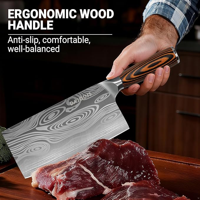 Meat Cleaver Knife Ultra Sharp Kitchen Knife 8 Inch, High Carbon Stainless Steel Butcher Knife with Wooden Handle, Chinese Cleaver for Meat Cutting Vegetable Slicing Perfect Birthday Gifts