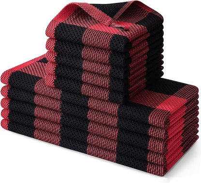 Homaxy Kitchen Towels and Dishcloths Set, 12 x 12 and 13 x 28 Inches, Set of 10 100% Cotton Waffle Weave Check Plaid Kitchen Dish Towels, Super Soft and Absorbent Dish Cloths, Black & Red
