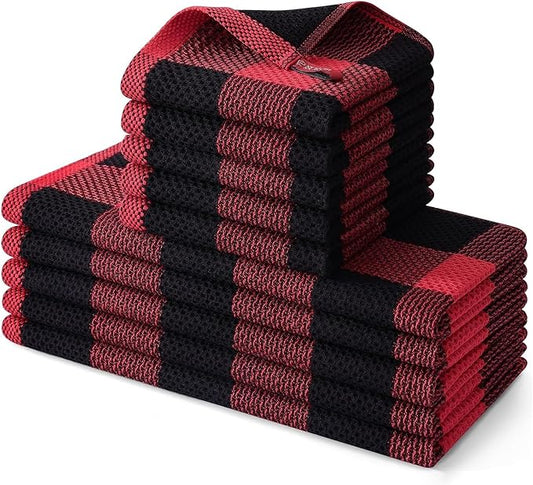 Homaxy Kitchen Towels and Dishcloths Set, 12 x 12 and 13 x 28 Inches, Set of 10 100% Cotton Waffle Weave Check Plaid Kitchen Dish Towels, Super Soft and Absorbent Dish Cloths, Black & Red