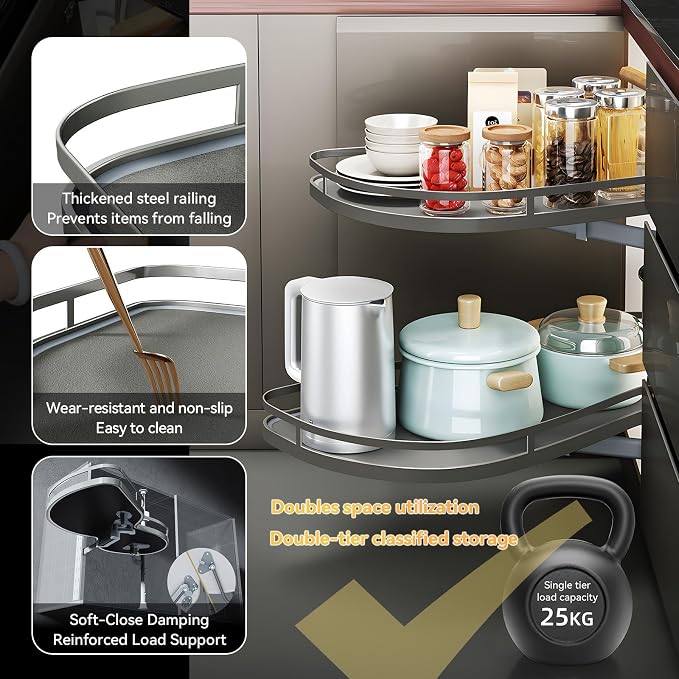 Blind Corner Cabinet Pull Out 12",14", 16", 18" Opening, 2-Tier Shelf Kitchen Cabinet Organizer, Blind Corner Cabinet Organizer, Left/Right Door, Adjustable Height, Metal Black