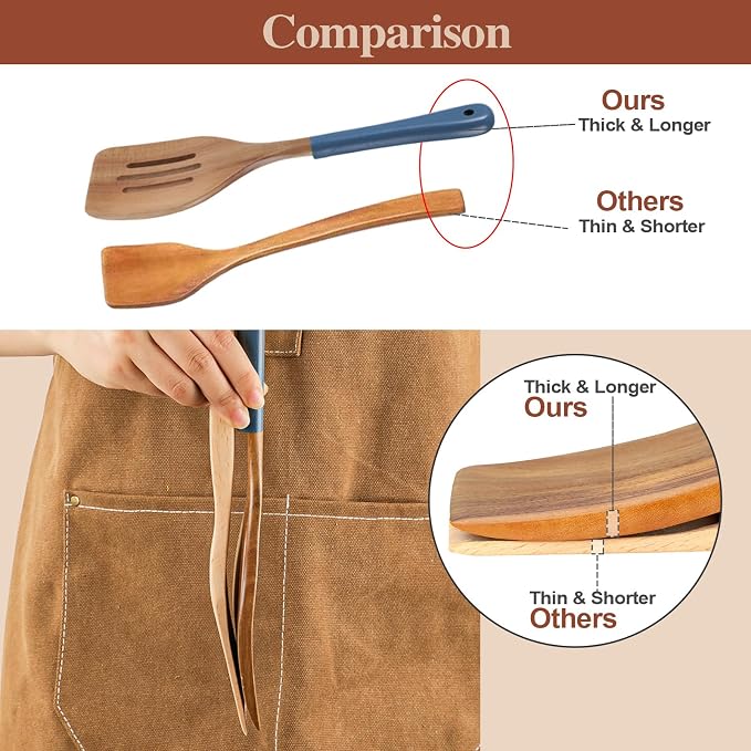 Wooden Spoons For Cooking, 6 PCS Natural Acacia Wooden Cooking Utensils, Non-Stick Wood Kitchen Utensil Set for Kitchen Essentials, Smooth Grip Wood Cooking Spoons with Hanging Hole, Blue
