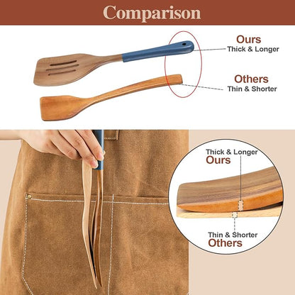 Wooden Spoons For Cooking, 6 PCS Natural Acacia Wooden Cooking Utensils, Non-Stick Wood Kitchen Utensil Set for Kitchen Essentials, Smooth Grip Wood Cooking Spoons with Hanging Hole, Blue