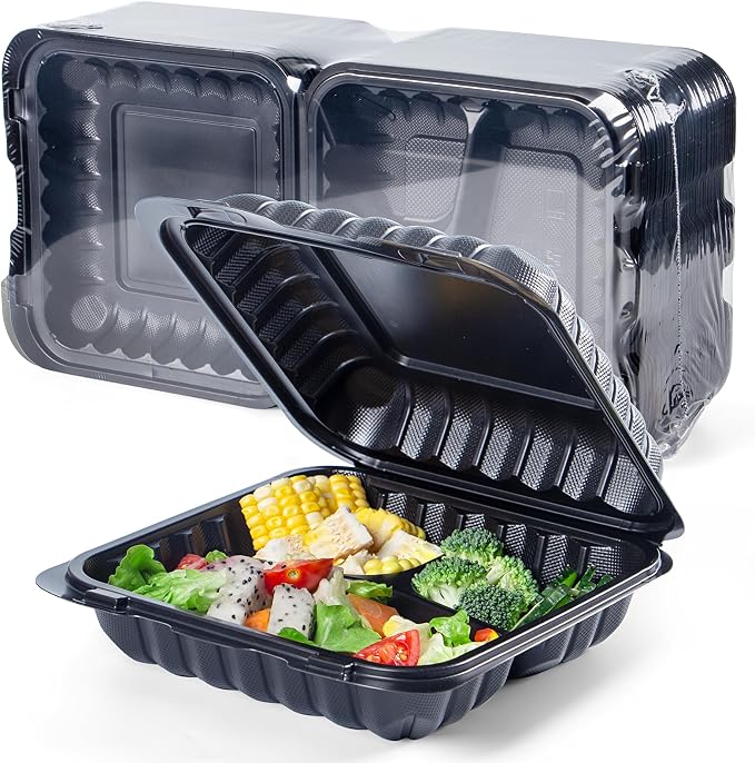 YANGRUI 65-Pack 30oz Black Takeout Containers - Shrink Wrapped No Pre-Wash | 3-Compartment Heavy Duty Mineral Filled PP, Microwave & Freezer Safe | Leak-Resistant Clamshell for Leftovers & Meal Prep