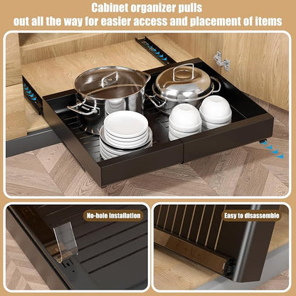 Pull Out Cabinet Organizer, Width Expandable (11.7"-19.7") Heavy Duty Slide Out Drawers Fixed with Adhesive Nano Film for Pots, Roll Out Shelf Storage For Kitchen,Pantry,Garage,Bathroom Storage