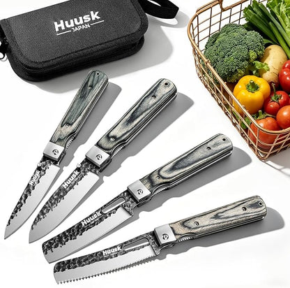 Huusk Folding Chef Knife Set - Japanese Hand Forged Pocket Knife Set - Including Nakiri, Santoku, Bread and Fruit Knives - Gifts for Men and Women