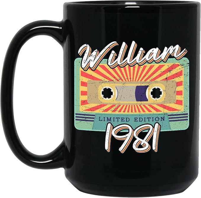 Personalized Vintage Cassette Tape Vintage 1981 Mug, Custom Your Name, 1981 Retro Coffee Mug, 41st Birthday Present Gifts, 1981 Birthday Gift For Friends Family, Customizable Black Tea Cups