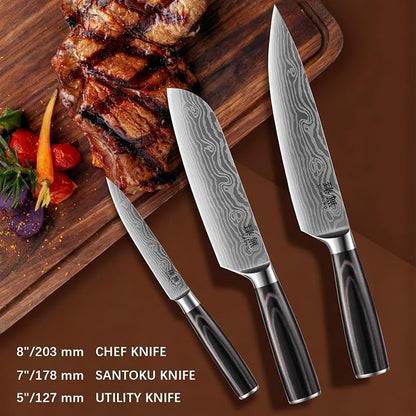 3-Piece Kitchen Knife Set, High Carbon Stainless Steel Blades with Wave Pattern, Ergonomic Pakkawood Handle - Includes 8" Chef, 7" Santoku & 5" Utility Knives