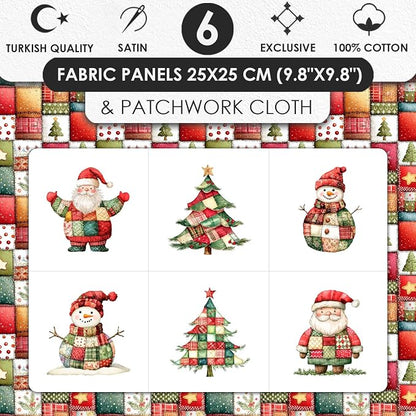 Christmas Patchwork Cotton Fabric Panel – 6 Designs (10×10 inch Each) + Bonus Patchwork Sheet 29.5×19.6 inch, 100% Cotton 140 GSM