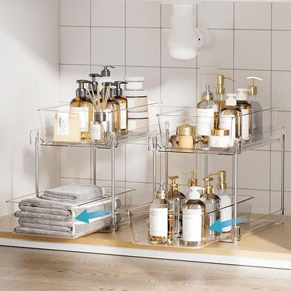 Vtopmart 2 Tier Bathroom Storage Organizer, 2 Pack Clear Under Sink Organizers Vanity Counter Container, Cabinet Drawers Bins, Pull-Out Organization with Track for Pantry, Kitchen