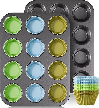 HONGBAKE Non-Stick Muffin Pans, Cupcake Pan with Silicone Baking Cups, 2 Pack Non toxic Healthy Muffin tin, Heavy duty-Dark Grey