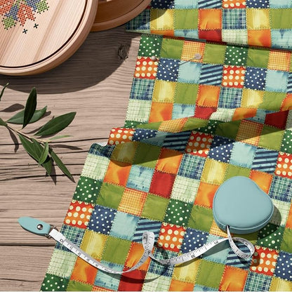 Patchwork Cotton Fabric Panel 61 x 36.6 Inches, Colorful Geometric Squares Quilt Style, 100% Cotton 140 GSM, Sewing Quilting Craft Fabric