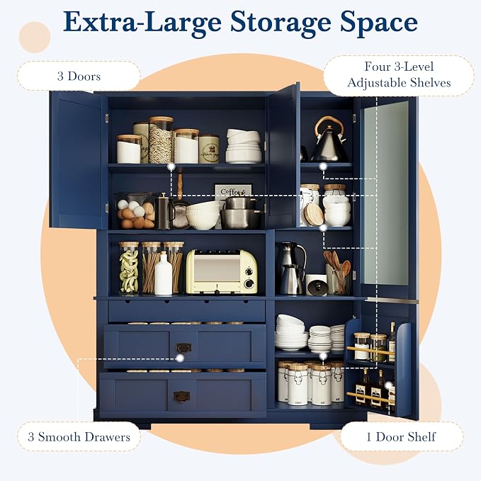 VilroCaz 78'' Tall Freestanding Kitchen Pantry with Hutch, Wooden Large Kitchen Storage Cabinet Cupboard with Drawers, Door Shelf and Adjustable Shelves for Dining Room Entryway (Blue-11.10)