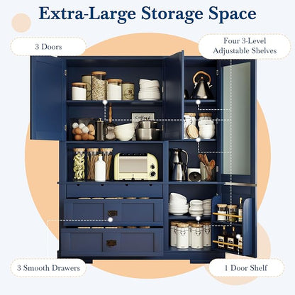 VilroCaz 78'' Tall Freestanding Kitchen Pantry with Hutch, Wooden Large Kitchen Storage Cabinet Cupboard with Drawers, Door Shelf and Adjustable Shelves for Dining Room Entryway (Blue-11.10)