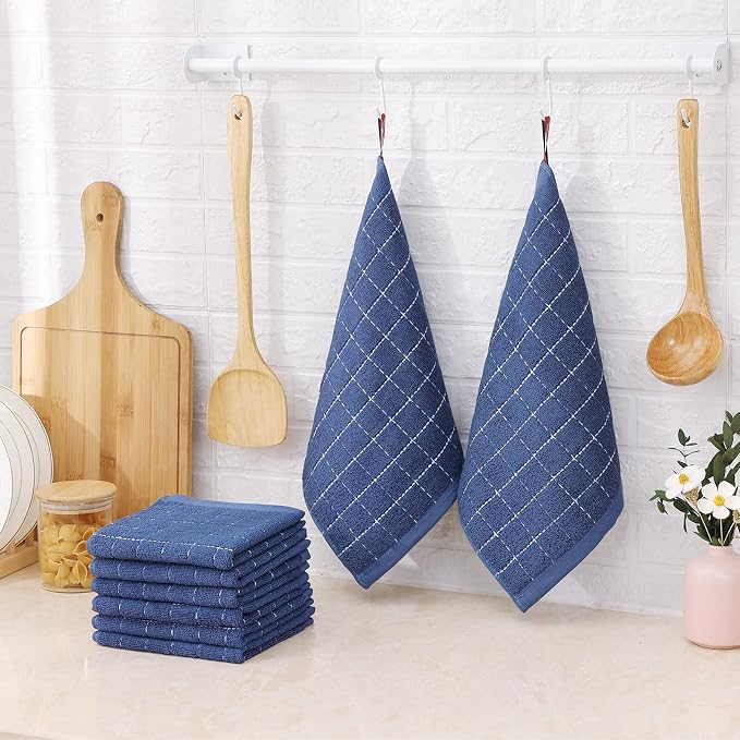 Mordimy 100% Cotton Terry Dish Cloths, Soft and Absorbent Checkered Dish Towels, Quick Drying Dish Rags for Washing Dishes, 6 Pack, 12 x 12 Inches, Navy Blue
