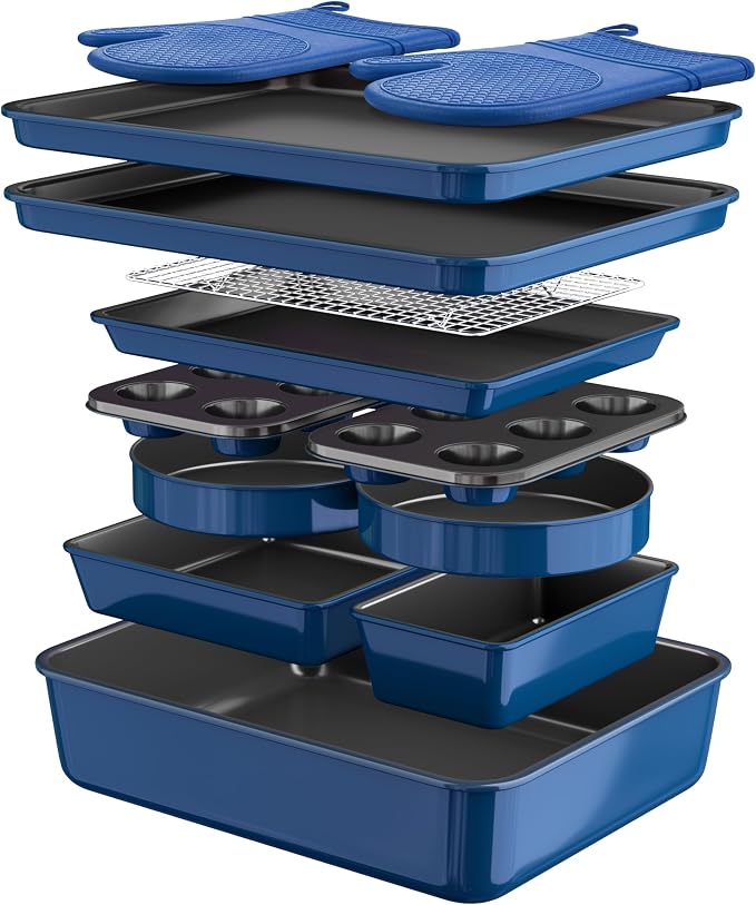 Wildone 13-Piece Baking Pans Set Nonstick - Stackable Bakeware Sets Including Cookie Sheets for Baking, Rack, Muffin Pan, Cake pan, Loaf Pan, Roasting Pan, Heavy Duty & Easy Clean, Blue