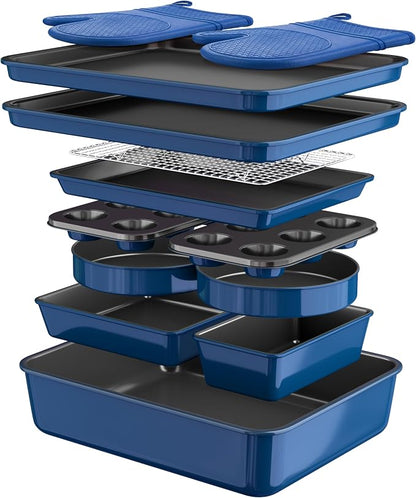 Wildone 13-Piece Baking Pans Set Nonstick - Stackable Bakeware Sets Including Cookie Sheets for Baking, Rack, Muffin Pan, Cake pan, Loaf Pan, Roasting Pan, Heavy Duty & Easy Clean, Blue