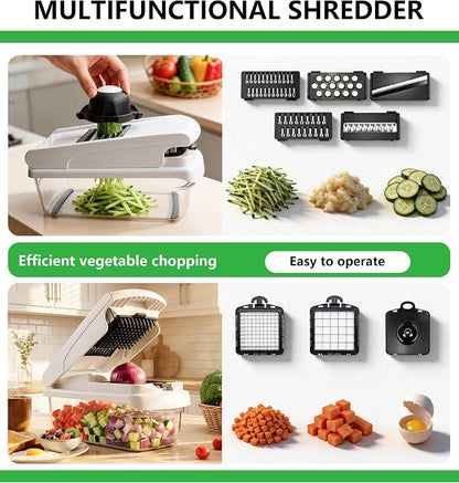 Laxeqohck12 in 1 Vegetable Chopper with Container, Stainless Steel Blade Onion Dicer, Safe Hand Guard Mandoline Slicer, Multifunctional Potato Grater Cutter for Kitchen Meal Prep Salad Making (white)