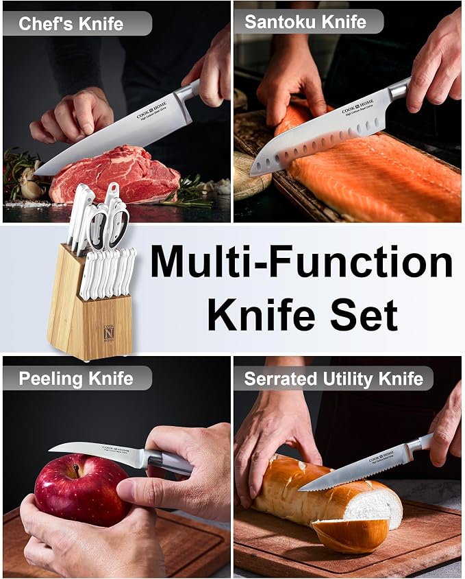 Cook N Home Basics Bamboo Kitchen Cutlery Block Set with Knifes, High Carbon Stainless Steel Blade, 15-Piece, White