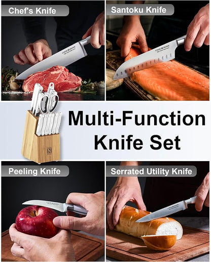 Cook N Home Basics Bamboo Kitchen Cutlery Block Set with Knifes, High Carbon Stainless Steel Blade, 15-Piece, White