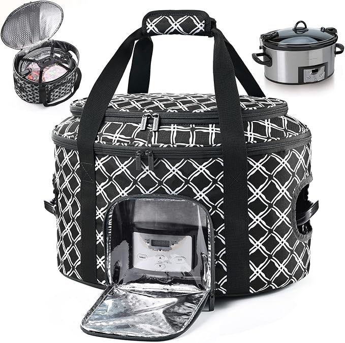 BAGSPRITE Double-layer Slow Cooker Carrying Case for Crock Pot 6-8 Quart, Insulated Crockpot Carrier with Adjustable Lid Straps,Portable Slow Cooker Travel Bag for Potluck, Parties, Family Gatherings