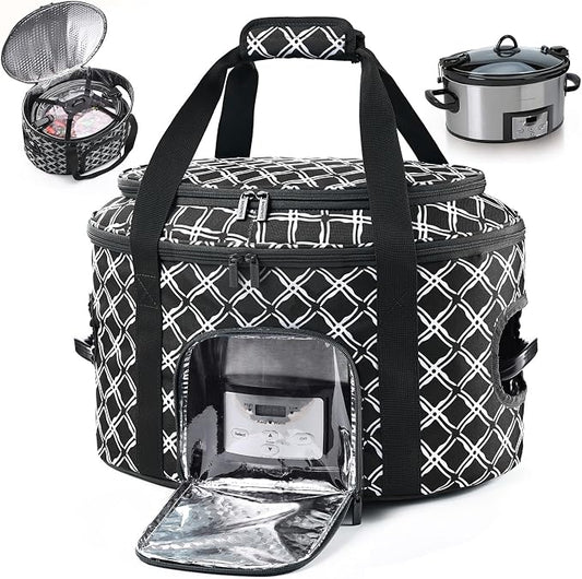 BAGSPRITE Double-layer Slow Cooker Carrying Case for Crock Pot 6-8 Quart, Insulated Crockpot Carrier with Adjustable Lid Straps,Portable Slow Cooker Travel Bag for Potluck, Parties, Family Gatherings