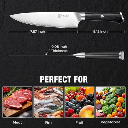PAUDIN Chef Knife 8 Inch, Ultra Sharp Kitchen Knives 62 HRC, Multi-Layer Damascus Steel Professional Chefs Knife with Full Tang Ergonomic Wood Handle, Meat Vegetable Slicing Knives, Gift for Men Women