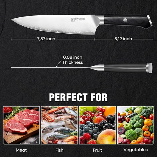 PAUDIN Chef Knife 8 Inch, Ultra Sharp Kitchen Knives 62 HRC, Multi-Layer Damascus Steel Professional Chefs Knife with Full Tang Ergonomic Wood Handle, Meat Vegetable Slicing Knives, Gift for Men Women