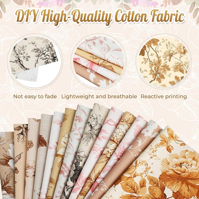 Tatuo 30 Pcs 10 x 10 Inches Dusty Rose Brown Cotton Fabric Bundle Squares Patchwork Floral Fabric Sewing Quilting Bundles Assorted Pattern Cloth for DIY Scrapbook Craft Making
