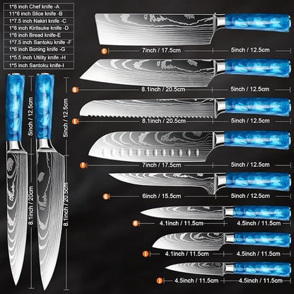 10-Piece Premium Japanese Kitchen Knife Set - Star Collection, Laser Damascus Pattern, 440A Stainless Steel Ultra Sharp for Fast Cutting (Blue)