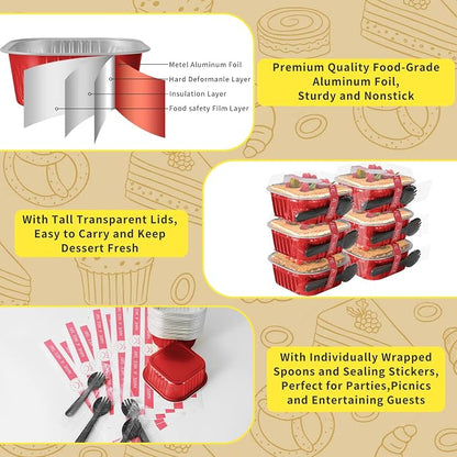 10oz Aluminum Foil Brownie Pans with Lids, 40 Pack Square Cake Pans, Disposable Ramekins Cupcake Cups Containers,Mini Cake Baking Pans,Large Muffin Tin Holder for Catering Gathering - Red