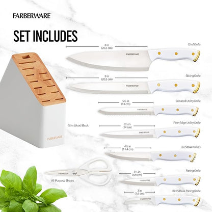 Farberware 14-Piece Knife Block Set, White and Gold – Razor-Sharp, High-Carbon Stainless Steel, Triple-Riveted, Ergonomic Handles, Stylish Wood Block