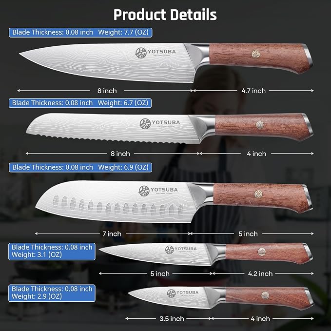 YOTSUBA 5 PCS Japanese Kitchen Knife Set with Ergonomic Natural Rosewood Handle, Razor Sharp High Carbon Stainless Steel Chef Knives, Premium Gift Box for Home Chefs