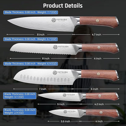YOTSUBA 5 PCS Japanese Kitchen Knife Set with Ergonomic Natural Rosewood Handle, Razor Sharp High Carbon Stainless Steel Chef Knives, Premium Gift Box for Home Chefs
