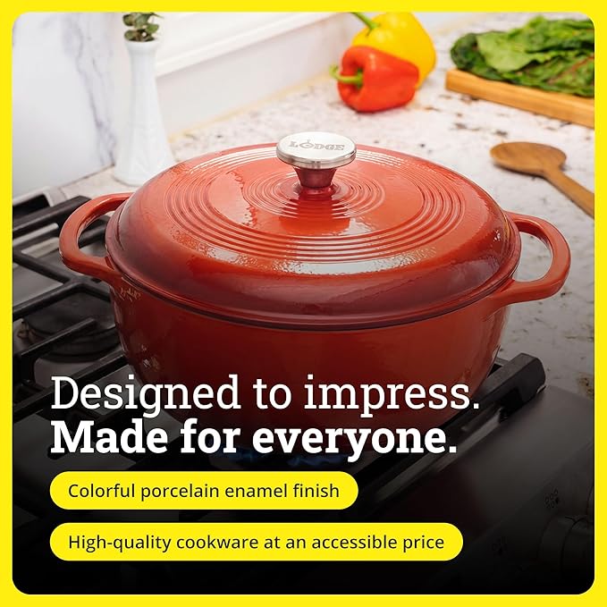 Lodge Essential Enamel Cast Iron Dutch Oven 6 Quarts - Perfect for Bread Baking, Braising, Marinating & Slow Cooking, Features Moisture-Sealing Lid & Dual Handles, Kitchen Essentials, Poppy