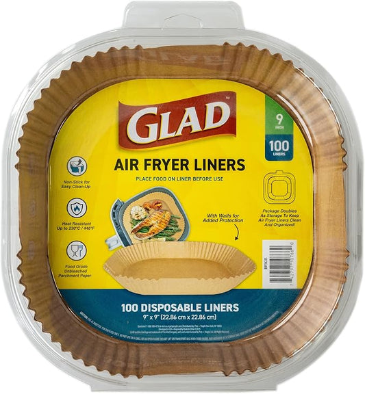 Glad Air Fryer Liners with Raised Walls, Nonstick Parchment, Heat Resistant to 446 Degrees F, Food-Grade, Rounded Square Shape, Fits Square and Round Air Fryers, 9", 100 Count