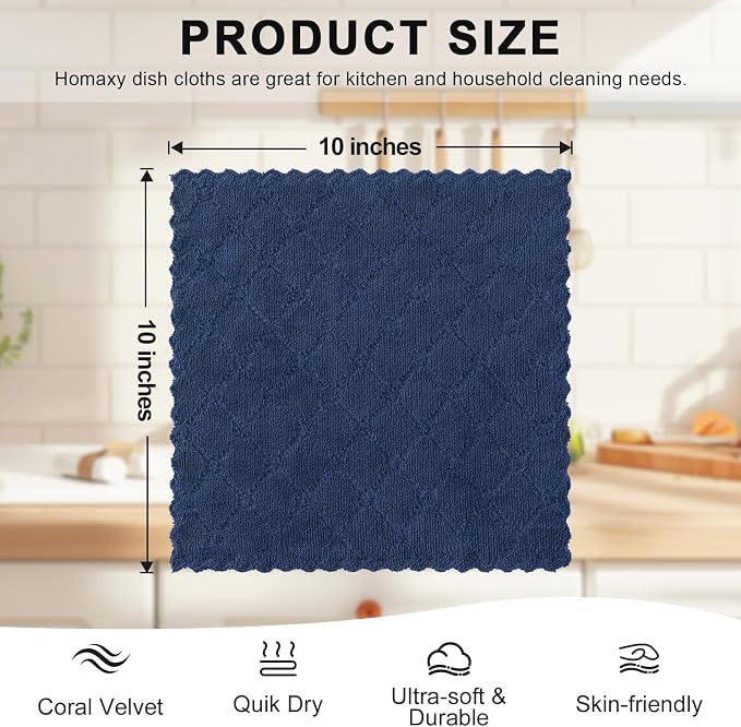 Homaxy 16 Pack Kitchen Cloths Dish Towels (10" x 10", Navy Blue), Super Soft and Absorbent Coral Velvet Dishcloths, Fast Drying No Lint Microfiber Cleaning Cloth
