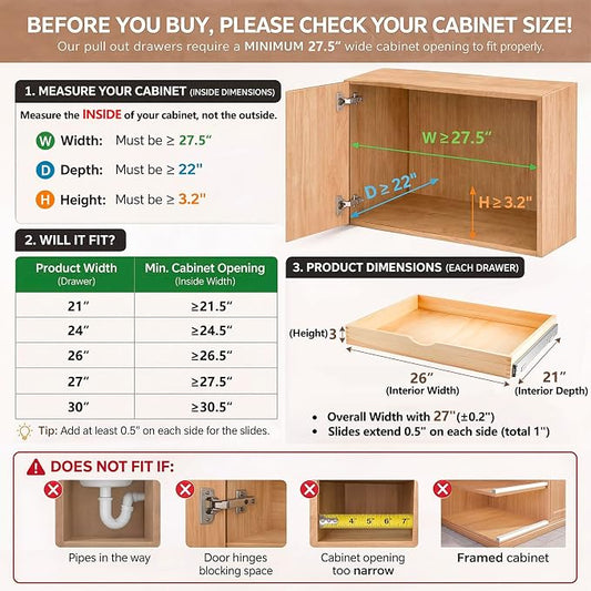Menkxi 2 Set Wooden Pull out Cabinet Organizer Fully Assembled Slide out Pantry Drawer with Gentle Close Storage Shelf Tray for Base Kitchen Under Sink Bathroom Accessory(Wood Color,27'' X 21'' X 3")