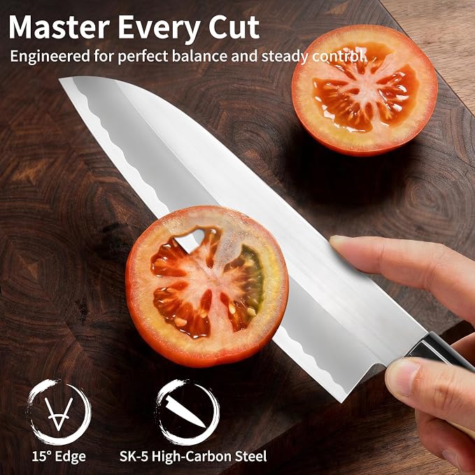 6.7 Inch Santoku Knife, Made in Japan, SK-5 High Carbon Steel Kasumi Japanese Chef Knife with Octagonal Natural Wood Handle, Kitchen Knife for Slicing Meat & Vegetables