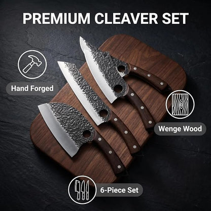 6PCS Hand Forged Kitchen Knife Set, High Carbon Steel Chef Knives with Wenge Wood Handle, Sharp Cleaver & Butcher Knives Set for Kitchen Cooking, Hammered Blade, Leather Sheaths Included